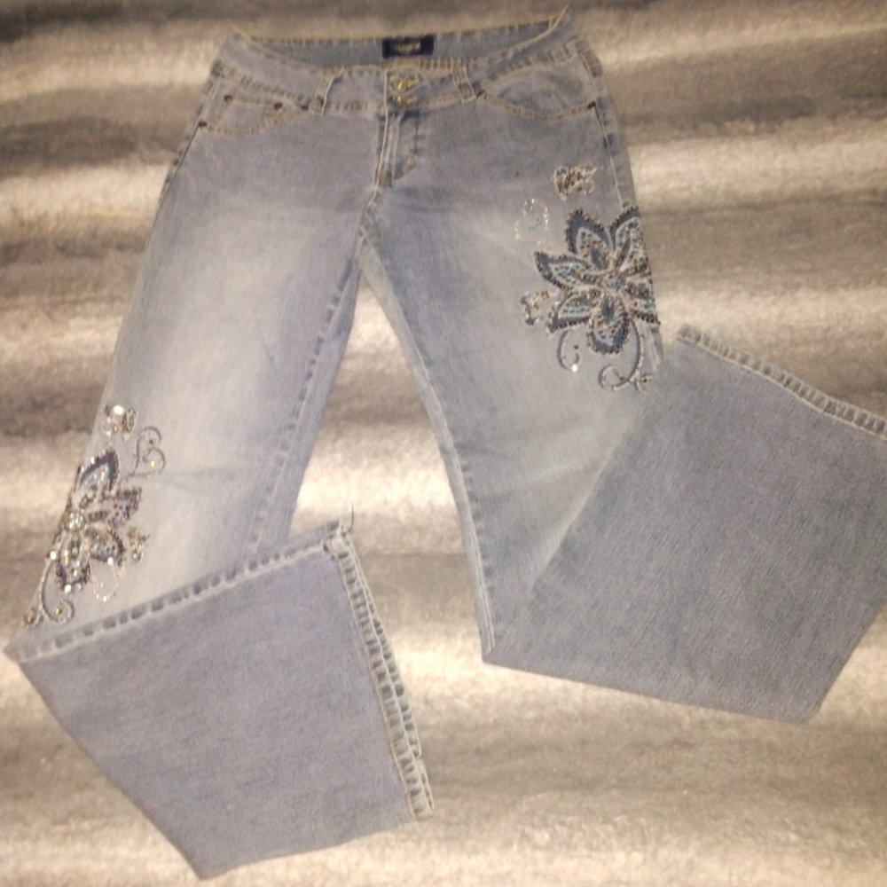 Angels Denim Hippy Flare Low Rise Embellished Flower Beaded Jeans Sz 11